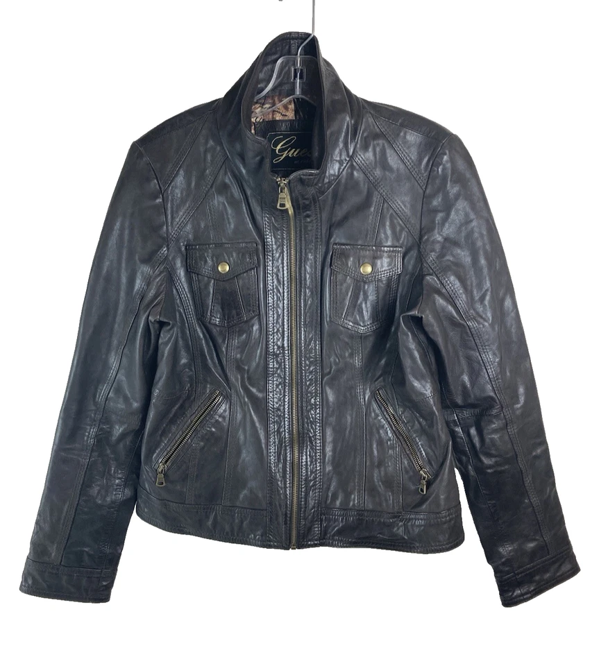 Chaqueta Bomber De Colección Y2K Guess Cuero Cremallera Bolsillos Talla Mediana Marrón Foto 1 de 4