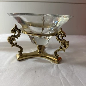 Vintage Ornate Solid Brass 3 Dragons Stand Clear Trinket Dish Crystal - Picture 1 of 9