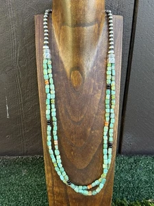 Sterling Silver Multi Strand Blue Green Turquoise Pearls Bead Necklace 30 Inch - Picture 1 of 12