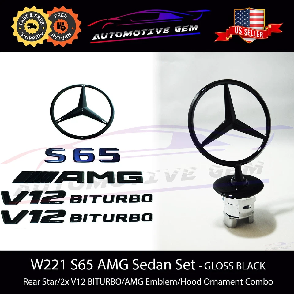 S65 SEDÁN AMG V12 BITURBO Estrella Trasera Emblema Capucha Adorno NEGRO Juego Mercedes W221 Foto 1 de 1