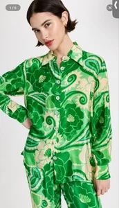 Farm Rio grün Blumen tropische Rillen Knopfleiste Langarm Shirt Top Bluse - Bild 1 von 8