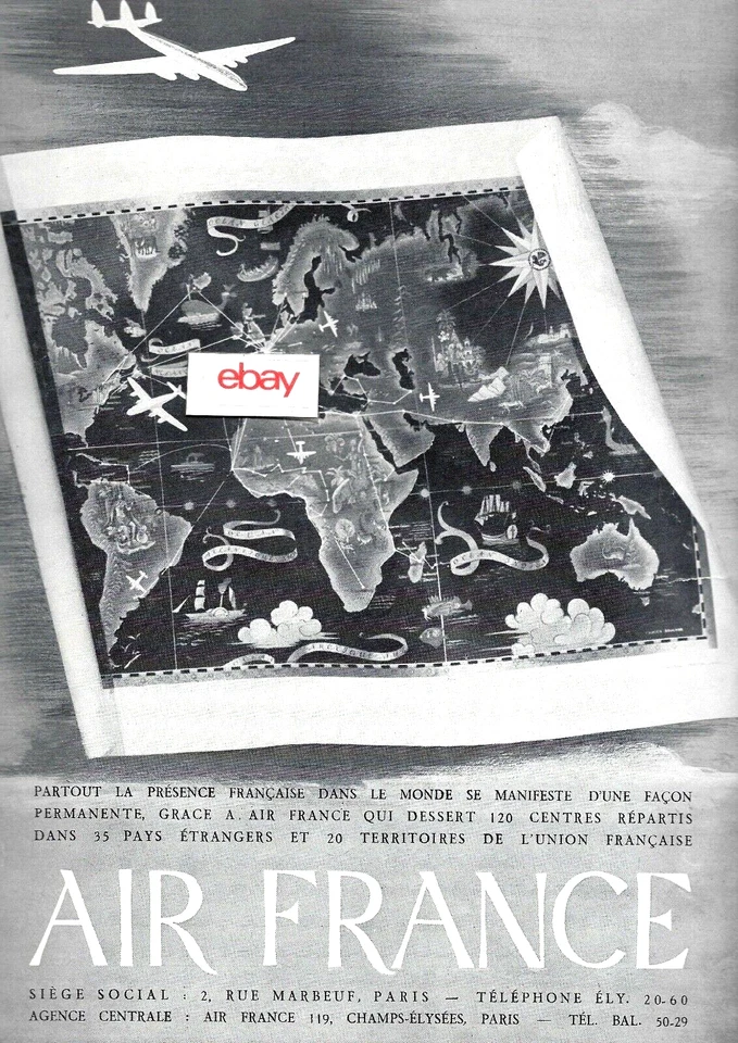 MAPA DE RUTA MUNDIAL CONSTELACIÓN AIR FRANCE FRANCÉS 1947 AD Foto 1 de 1