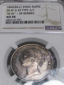 RUPIA DE PLATA INDIA (B&C) 1840 S&W-3,33 TIPO A/1 "W.W." 28 BAYAS NGC AU58 - Imagen 1 de 12