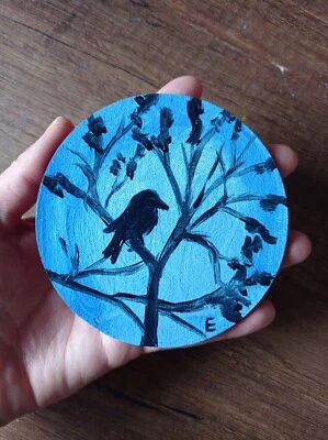 Pintura Original Cuadro Redondo Pájaro Óleo Animales Obra de Arte Impasto 4" Foto 1 de 4