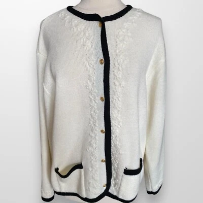 Crystal Kobe Woman's Size XL Cardigan Sweater Ivory Black Gold Buttons - Image 1 of 4