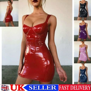 UK Women's PVC Faux Leather Mini Sleeveless Dress Party Club Sexy WET LOOK Dress - Picture 1 of 24