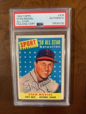 Tarjetas de San Luis 1958 Topps #476 Stan Musial All-Star autografiadas firmadas PSA Foto 1 de 2