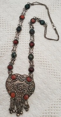 Vtg Metal Bohemian pendant necklace hippie Boho Renaissance amber olive stones - Image 1 of 3