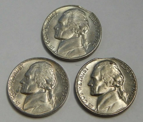 3 - Mint Error - Planchet Defect & Clips - 1947 & 1964 & 1974 Jefferson Nickels Cover