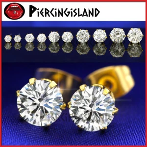 18K GOLD GF SILVER CT SIGNITY DIAMOND MENS LADY GIRL CRYSTAL ROUND STUD EARRINGS - Picture 1 of 13