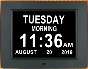 Digital Day Calendar Clocks Extra Large Time Date and Day of The Week (8" Black)