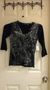 Tahari Blouse, Women's petite size XS, Black & Silver ,Vneck, Cotton, NWT $ 68 - Picture 1 of 4