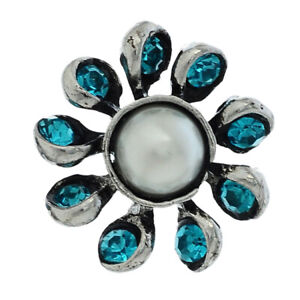 Antique Silver Acrylic Pearl Blue Rhinestone Flower Snap Button Charm 27mm #196