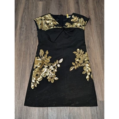 Tibi New York Black and Gold Floral Cocktail Party Dress size 0 READ - Image 1 of 4