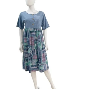 Vestido Suelto Vintage Años 90 Azul Púrpura Verde Botón Geométrico, L - Imagen 1 de 11