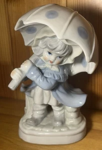 KPM Fine Porcelain Figurine Young Girl w Polka Dot Rainy Umbrella Pale Blue 7” - Picture 1 of 16