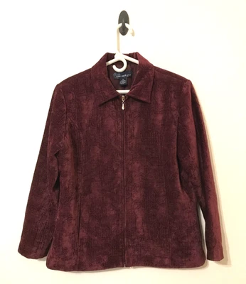 Susan Graver Style Jacket Blazer Size Medium Burgundy Full Zip Floral Pattern - Image 1 of 4