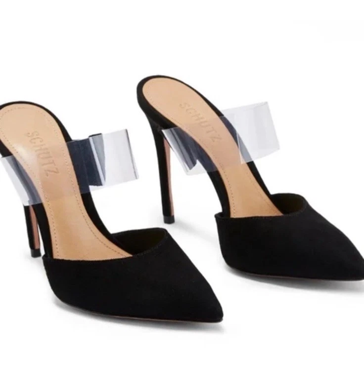 Zapatos de salón Schutz Sionne talla 10 de gamuza negra con correa transparente deslizables tacones de mula sin cordones Foto 1 de 4