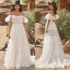 Luxury A-Line Wedding Dress Boat Neck Fluffy Sleeves Lace Appliques Bridal Gowns - Picture 1 of 9
