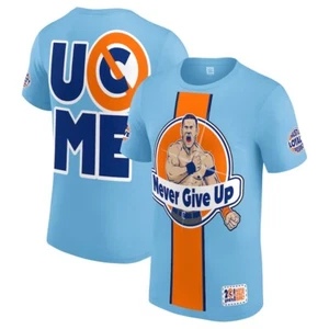 WWE JOHN CENA “NEVER GIVE UP” LIGHT BLUE/ORANGE T-SHIRT OFFICIAL ALL SIZES NEW - Picture 1 of 4