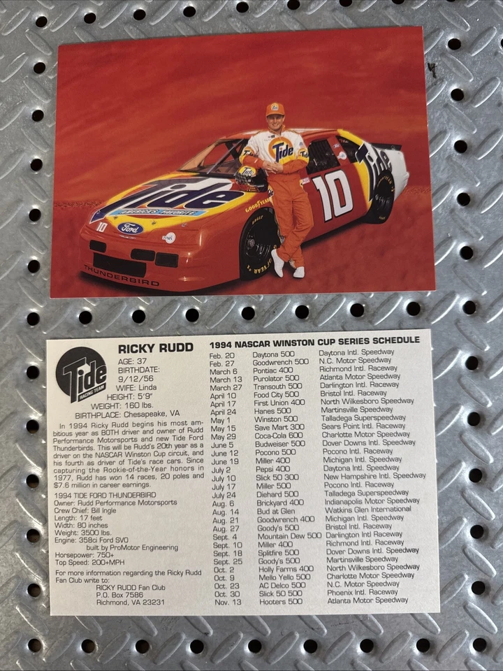 "Tarjeta de héroe NASCAR 1994 Ricky Rudd #5 Tide vintage 5"" x 7""" Foto 1 de 1