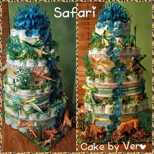 DIAPER CAKE 5 | SAFARI | BOY | GIRL | BABY SHOWER | GREEN | BROWN | JUNGLE - Picture 1 of 1