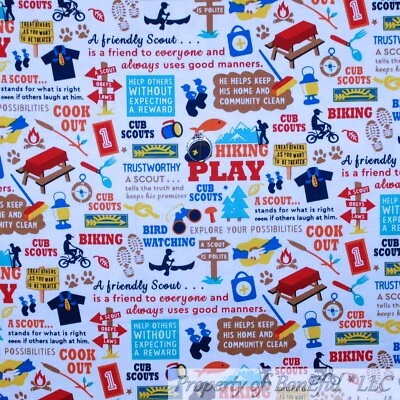 BonEful Fabric FQ Cotton Quilt USA Cub Boy Scout Camp Cook Scenic Fish Hike Bike - Image 1 of 4
