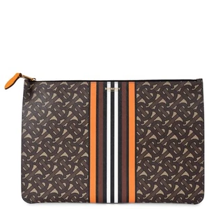 70795 auth BURBERRY brown orange e-canvas TB MONOGRAM STIPE ZIP POUCH Bag - Picture 1 of 9