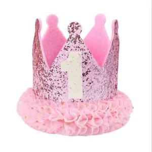 Baby First Birthday Crown Pink White Glitter Pink Tutu Tulle with Mini Gold Star - Picture 1 of 1