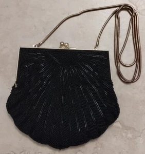 Vintage BLACK Beaded Evening Handbag Purse Clutch Draped Shoulder GoldTone Strap - Picture 1 of 5