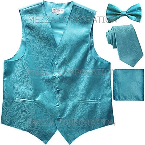 New Men's Polyester Paisley Tuxedo Vest Necktie, Bowtie & Hankie turquoise blue - Picture 1 of 6
