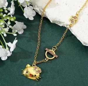 Hello Kitty Cat Kitten Gold Necklace With pink crystal Bow ,Cute Friend Gift - Picture 1 of 4