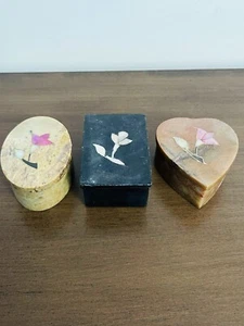 3 Vintage Round Marble Soapstone Mother Pearl Floral Trinket Boxes Black Brown - Picture 1 of 13