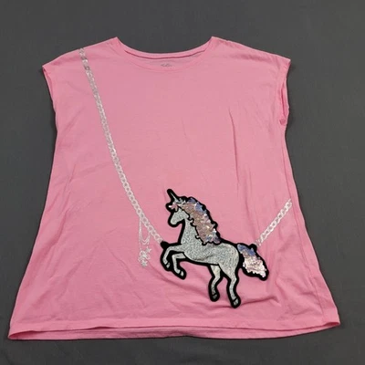 Justice Shirt Youth Girls 14 Short Dolman Sleeve Sequin Unicorn Pullover Pink - Image 1 of 4