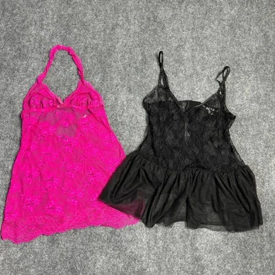 Victorias Secret Cami Gown Womens Small Black Pink Lace Nightie Sheer Bundle - Image 1 of 4