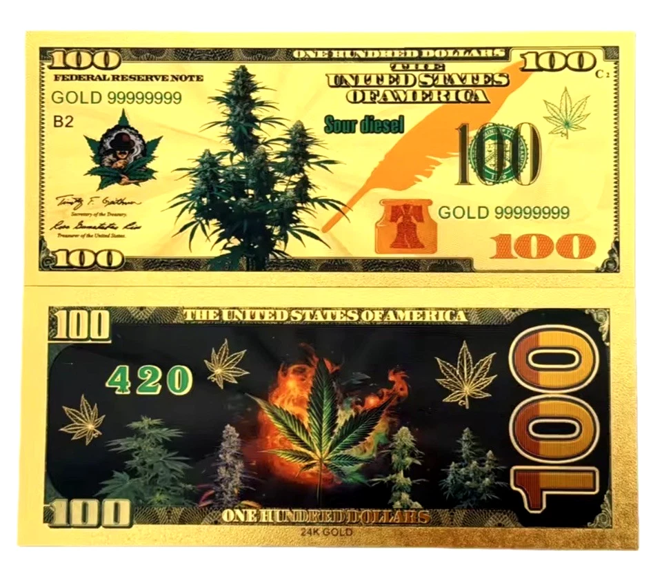 420 CANNABIS SOUR DIESEL $100 US 24K GOLD ART BANKNOTE - 99.9% GOLD LAYERED - Image 1 of 1