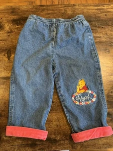 Vintage Y2k Hong Kong Winnie The Pooh Jeans Pants Girls Toddler Cuff Disney 18M - Picture 1 of 6