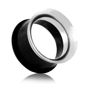 Double Flared Flesh Tunnel Acrylic Steel Plug Piercing Tunnel Set Black Silver - Picture 1 of 15