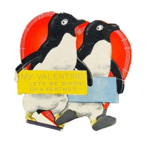 Vintage Valentine Card Birds Of A Feather Flock Together Penguins - Picture 1 of 5