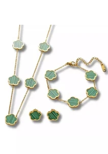 3 Piece Green 5 Leaf Clover Jewelry Set Earrings, Nnecklace and Bracelet - Picture 1 of 3