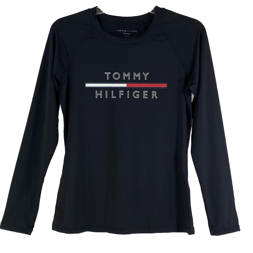 Tommy Hilfiger Swimwear Black Long Sleeve Top Swimsuit Coverup Logo Women M - Image 1 of 4