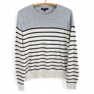 Banana Republic Mens Medium Striped Crew Neck Sweater Long Sleeve Gray Ivory Nav - Picture 1 of 7