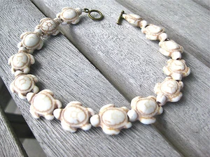 HONU 3 D SEA TURTLES TORTOISE ANKLET STONE White Stone HOWLITE COPPER 9.5 " - Picture 1 of 6