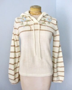 Vintage 60er 70er creme Acryl Streifen blau bestickt Blumen Hippie Hoodie Pullover M - Bild 1 von 6