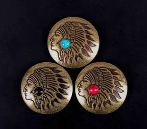 3X Brass Turquoise Leathercraft Decor Southeast Indian Head Concho Screwback - Picture 1 of 11