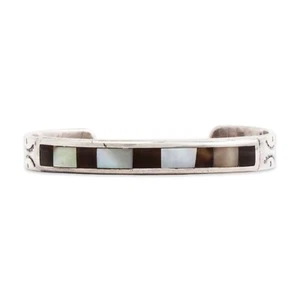 NATIVE STERLING MOTHER OF PEARL TIGER'S EYE STAMPWORK CUFF BRACELET 6.25" - Picture 1 of 6