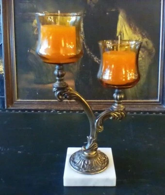  VINTAGE MCM CANDLEABRA CANDLE HOLDER BRASS MARBLE AMBER GLASS VOTIVES - Image 1 of 4
