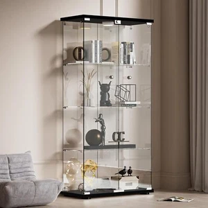 Glass Display Cabinet 4 Shelves 2 Doors Push Light Storage For Curio Bookshelf - Picture 1 of 7