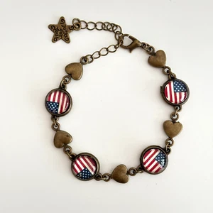 Vintage Bronze Bracelet Patriotic American Flag Heart 6" to 7.5" Adjustable New - Picture 1 of 10