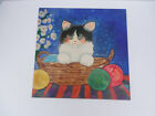 Vintage cat in basket ceramic tile 11 7/8  square